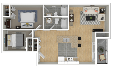Floor plan for 2 beds, 2 baths, 753 sqft